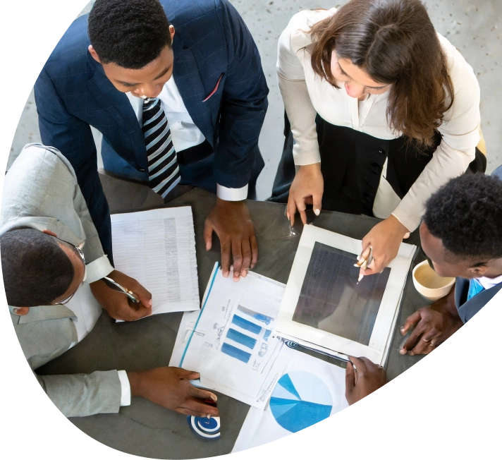 Firefly photo taken from behind young diverse professionals examining financial records.